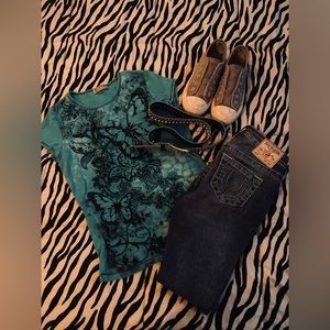 y2k butterfly top, thrifted and worn. Other clothing not included.